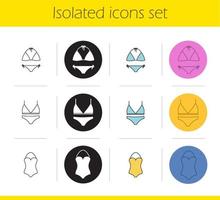 Women's underwear icons set. Linear, black and color styles. Swimsuits, bra and panties. Isolated vector illustrations