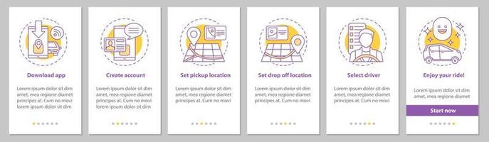 aplicación móvil de carpooling pantalla de página de aplicación móvil de incorporación con conceptos lineales. instrucciones gráficas del servicio de viaje compartido. ux, ui, plantilla de vector de interfaz gráfica de usuario con ilustraciones