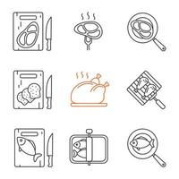Food preparation linear icons set. Cutting boards with bread, meat and fish, frying salmon and meat steaks, grilling chicken drumsticks. Thin line contour symbols. Isolated vector outline illustration