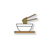 Chinese noodles with chopsticks patch. Ramen. Spaghetti in bowl. Color sticker. Vector isolated illustration