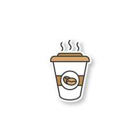 Coffee to go patch. Disposable coffee cup with lid. Color sticker. Vector isolated illustration