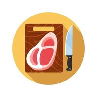 Steak on cutting board with knife flat design long shadow color icon. Beefsteak. Vector silhouette illustration