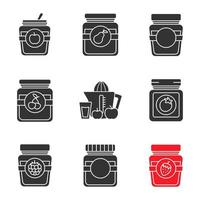 Homemade preserves glyph icons set. Apple, pear, cherry, raspberry, strawberry jam jars, ketchup, juice. Silhouette symbols. Vector isolated illustration