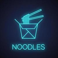 Chinese noodles in paper box and chopsticks neon light icon. Wok cafe glowing sign. Vector isolated illustration