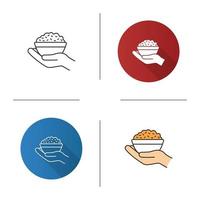 Food donation icon. Flat design, linear and color styles. Open hand with rice bowl. Chinese fried rice for free. Isolated vector illustrations