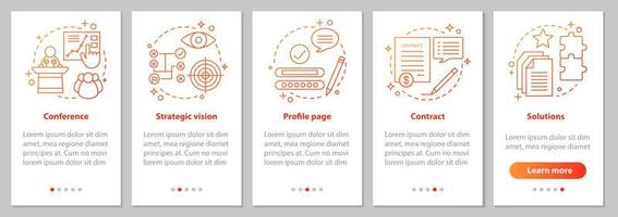 Solutions searching onboarding mobile app page screen with linear concepts. Conference, strategic vision, profile page, contract steps instructions. UX, UI, GUI vector template with illustrations