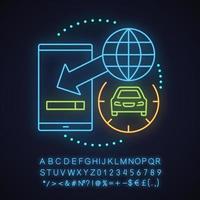 Carpooling app neon light concept icon. Online taxi ordering idea. Mobile application downloading. Glowing sign with alphabet, numbers and symbols. Vector isolated illustration