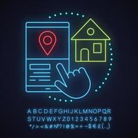 GPS app neon light concept icon. Geolocation idea. Home location. Glowing sign with alphabet, numbers and symbols. Vector isolated illustration