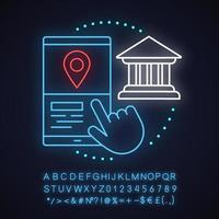 GPS app neon light concept icon. Geolocation idea. Bank or courthouse location. Glowing sign with alphabet, numbers and symbols. Vector isolated illustration