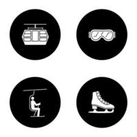 Winter activities glyph icons set. Funicular, ski goggles, chairlift, ice skate. Vector white silhouettes illustrations in black circles