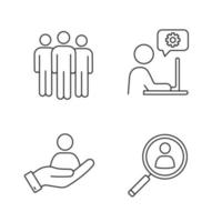 Business management linear icons set. Team, technical support, staff searching, HR management. Thin line contour symbols. Isolated vector outline illustrations. Editable stroke