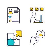 Business management color icons set. Resume, online training, solution searching, staff hiring button. Isolated vector illustrations