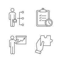 Business management linear icons set. Employee skills, time management, presentation, finding solution. Thin line contour symbols. Isolated vector outline illustrations. Editable stroke