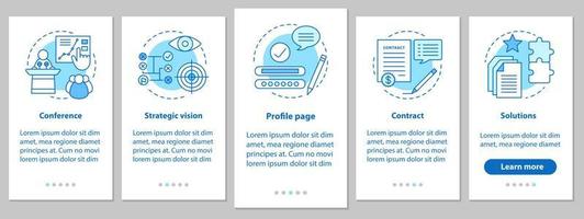 Solutions searching onboarding mobile app page screen with linear concepts. Conference, strategic vision, profile page, contract steps instructions. UX, UI, GUI vector template with illustrations