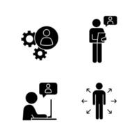 Business management glyph icons set. Teamwork, online job interview, chatting, decision management.Silhouette symbols. Vector isolated illustration