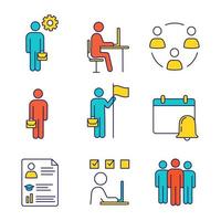 Business management color icons set. Manager, office, partnership, businessman, goal achieving, reminder, resume, task solving, team. Isolated vector illustrations