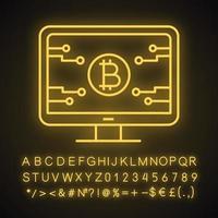 Bitcoin official webpage neon light icon. Glowing sign with alphabet, numbers and symbols. Mining farm landing. Blockchain server page. Cryptocurrency business website. Vector isolated illustration