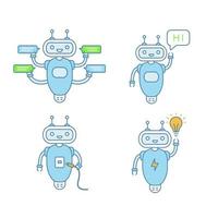 Chatbots color icons set. Talkbots. Virtual assistants. Support service, hi, USB, new idea chat bots. Modern robots. Isolated vector illustrations