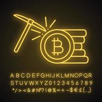 Icono de luz de neón de minería de criptomonedas. minería de criptomonedas bitcoin. negocio de criptomonedas. pila de monedas bitcoin con pico. signo brillante con alfabeto, números y símbolos. vector ilustración aislada