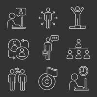 Business management chalk icons set. Chatting, decision, success, partnership, speech, hierarchy, partners, achievement, working hours. Isolated vector chalkboard illustrations