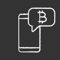 Bitcoin chat chalk icon. Cryptocurrency forum. Smartphone with bitcoin sign inside speech bubble. Crypto currency news notification. Isolated vector chalkboard illustration