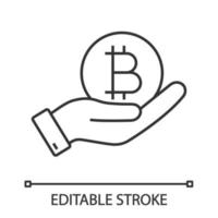 Open hand with bitcoin coin linear icon. Buying or selling bitcoin. Cryptocurrency thin line illustration. Contour symbol. Vector isolated outline drawing. Editable stroke