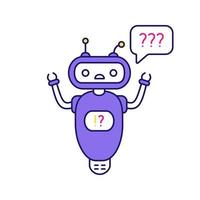 Help chatbot color icon. FAQ chat bot. Bewildered robot with question marks in speech bubble. Isolated vector illustration