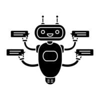 Chatbot with four speech bubbles glyph icon. Silhouette symbol. Talkbot chatting to several users. Customer support service. Modern robot. Negative space. Vector isolated illustration