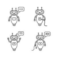 Chatbots linear icons set. Talkbots. Virtual assistants. Typing, USB, question, not found chat bots. Modern robots. Thin line contour symbols. Isolated vector outline illustrations. Editable stroke