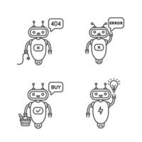 Chatbots linear icons set. Talkbots. Virtual assistants. Not found, error, buy, new idea chat bots. Modern robots. Thin line contour symbols. Isolated vector outline illustrations. Editable stroke