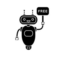 Chatbot with free in speech bubble glyph icon. Silhouette symbol. Free customer support talkbot. Virtual assistant. Modern robot. Negative space. Vector isolated illustration