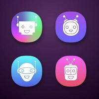 Chatbots app icons set. UI UX user interface. Talkbots. Laughing virtual assistants. Conversational agents. Modern robots. Web or mobile applications. Vector isolated illustrations