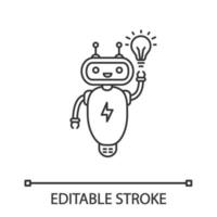 New idea chatbot linear icon. Thin line illustration. Talkbot with lightbulb. Virtual assistant. Modern robot. Online support chat bot. Contour symbol. Vector isolated outline drawing. Editable stroke