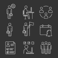 Business management chalk icons set. Manager, office, partnership, businessman, goal achieving, reminder, resume, task solving, team. Isolated vector chalkboard illustrations