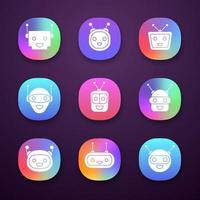 Chatbots app icons set. UI UX user interface. Modern robots emojis. Laughing, happy chat bot smileys. Virtual assistants. Web or mobile applications. Vector isolated illustrations