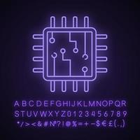 Computer chip neon light icon. Processor. Memory card. Central processing unit. Artificial intelligence. Glowing sign with alphabet, numbers and symbols. Vector isolated illustration