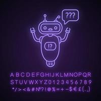 Help chatbot neon light icon. FAQ chat bot. Bewildered robot with question marks in speech bubble. Glowing sign with alphabet, numbers and symbols. Vector isolated illustration