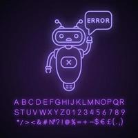 error icono de luz de neón de chatbot. talkbot con error en el bocadillo. soporte en línea. asistente virtual. robot moderno. signo brillante con alfabeto, números y símbolos. vector ilustración aislada