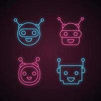 Chatbots neon light icons set. Talkbots. Laughing virtual assistants collection. Conversational agents. Modern robots. Glowing signs. Vector isolated illustrations
