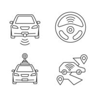 Smart cars linear icons set. NFC autos. Intelligent vehicles. Self driving automobiles. Autonomous cars. Driverless vehicles. Thin line symbols. Isolated vector outline illustrations. Editable stroke