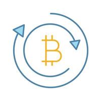 Bitcoin exchange color icon. Digital currency transaction. Cryptocurrency mining. Bitcoin coin with arrows. Isolated vector illustration