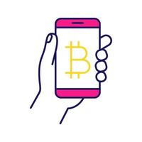 Bitcoin digital wallet color icon. E-payment. Cryptocurrency. Hand holding smartphone with bitcoin sign. Digital money transaction app. Isolated vector illustration