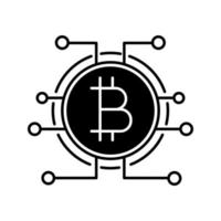 Bitcoin glyph icon. Virtual currency. Online banking. Silhouette symbol. Bitcoin payment. Contour symbol. Microchip pathways with coin inside. Negative space. Vector isolated illustration