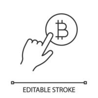 Bitcoin payment button linear icon. Pay with bitcoin. Thin line illustration. Cryptocurrency transaction click. Hand pressing button. E-payment. Vector isolated outline drawing. Editable stroke