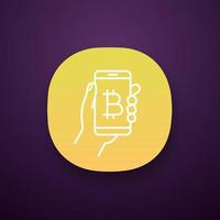 Bitcoin digital wallet app icon. E-payment. Cryptocurrency. UI UX interface. Hand holding smartphone with bitcoin sign. Digital money transaction app. Web application. Vector isolated illustration