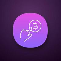 Bitcoin payment button app icon. Pay with bitcoin. Cryptocurrency transaction click. UI UX user interface. Hand pressing button. E-payment. Web or mobile application. Vector isolated illustration