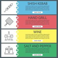 Barbecue web banner templates set. BBQ. Shish kebab, hand grill, wine, salt and pepper shakers. Website color menu items with linear icons. Vector headers design concepts