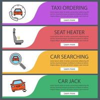 Auto workshop web banner templates set. Taxi ordering, seat heater, car searching, repair jack. Website color menu items. Vector headers design concepts