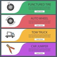 Auto workshop web banner templates set. Website color menu items. Punctured tire, auto wheel, tow ruck, car jumper. Vector headers design concepts