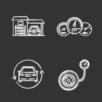 Auto workshop chalk icons set. Garage, dashboard, car with circle arrow, tire pressure gauge. Isolated vector chalkboard illustrations